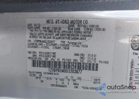 2013 Ford Mustang V6 z USA, uszkodzony, nr VIN 1ZVBP8EM0D5203877